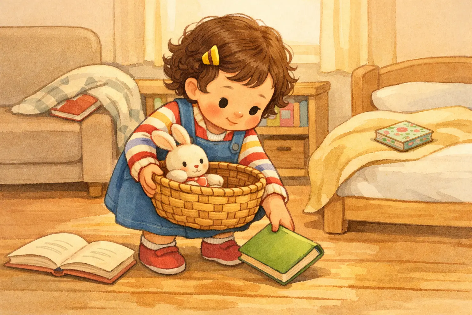 Оленка ніжно підбирає книжку, тримаючи кошик із кроликом