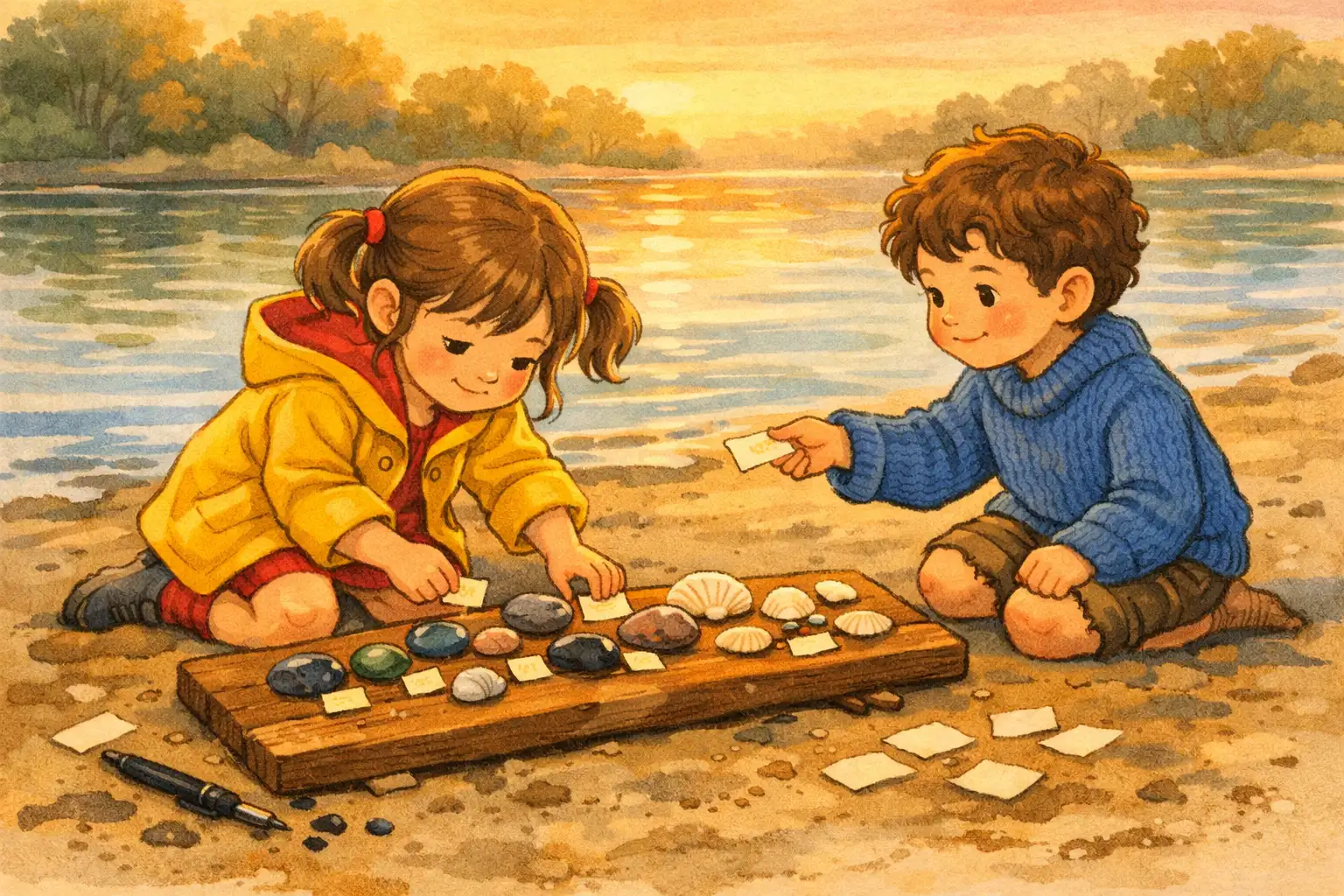 Дівчинка й хлопчик акуратно виставляють блискучі камінчики