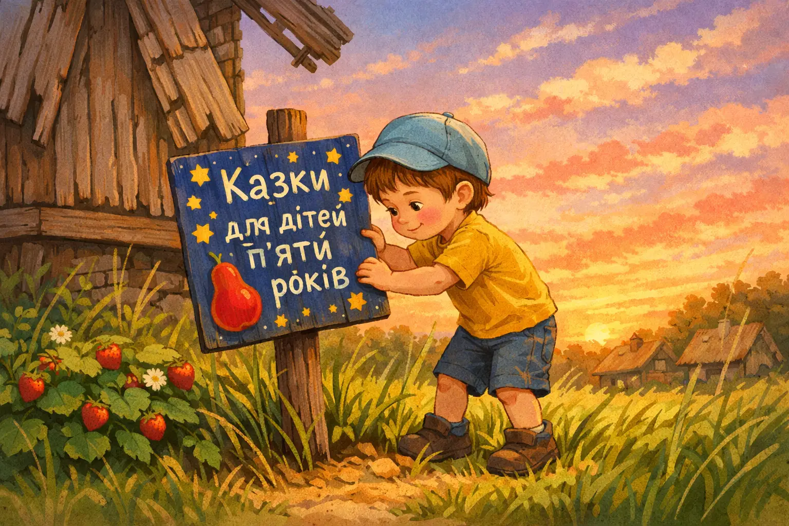 Маленький хлопчик ставить розмальовану дошку під вітряком
