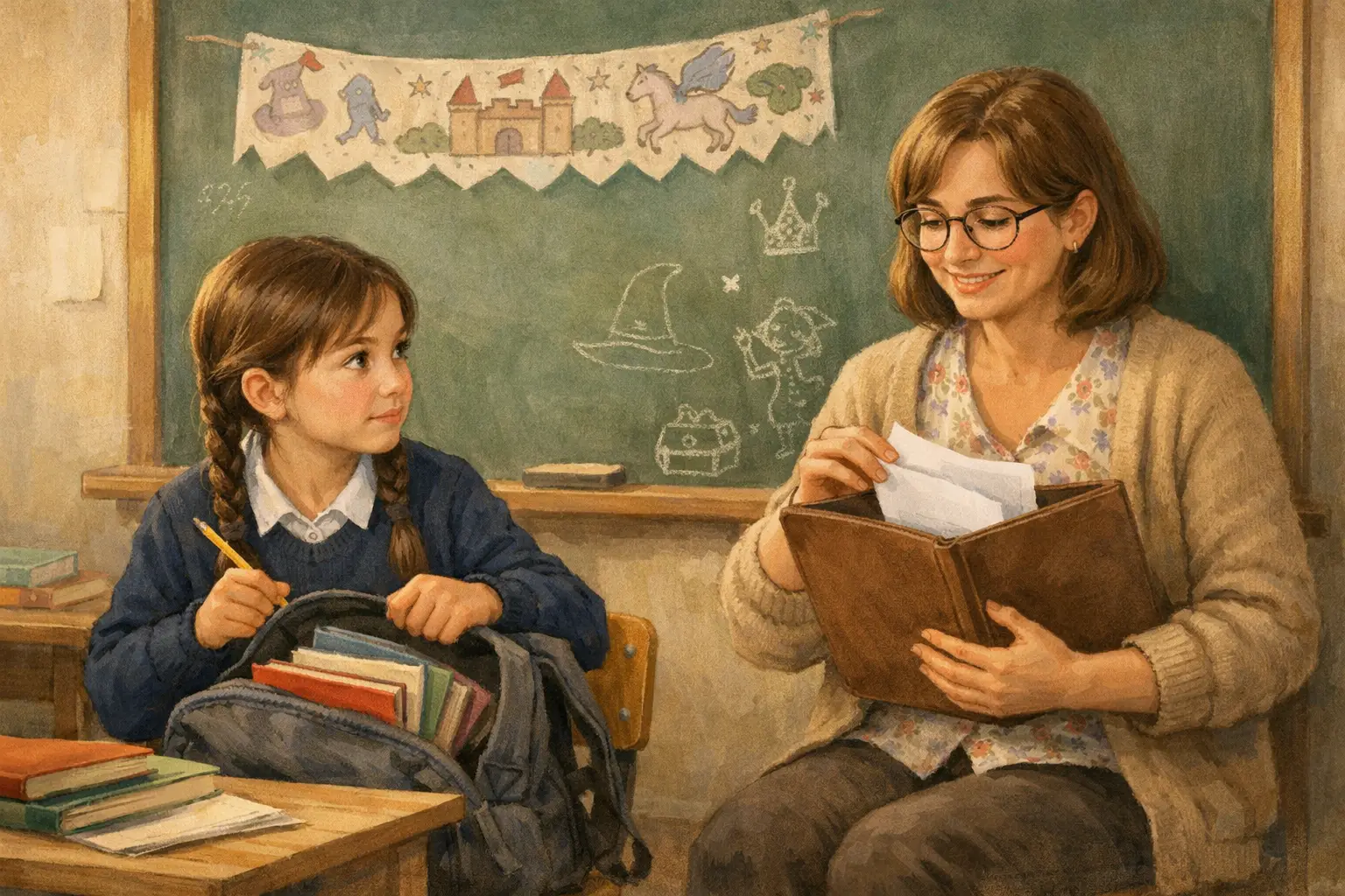 Вчителька лагідно оголошує конкурс, дівчинка застигла з олівцем